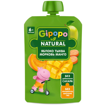 Пюре фруктово-овощное Gipopo из яблок, тыквы, моркови и манго для детского питания, 90г