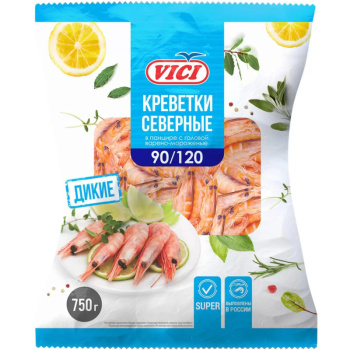 Креветки северные Vici Super неразделанные в панцире с головой, 750г