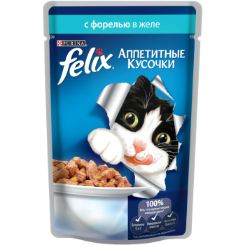 Влажный корм Felix для кошек аппетитные кусочки с форелью в желе, 85г