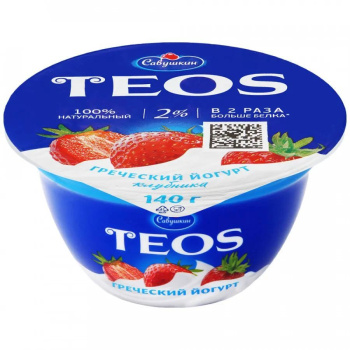 Йогурт греческий Савушкин Teos с клубникой 2% БЗМЖ, 140г